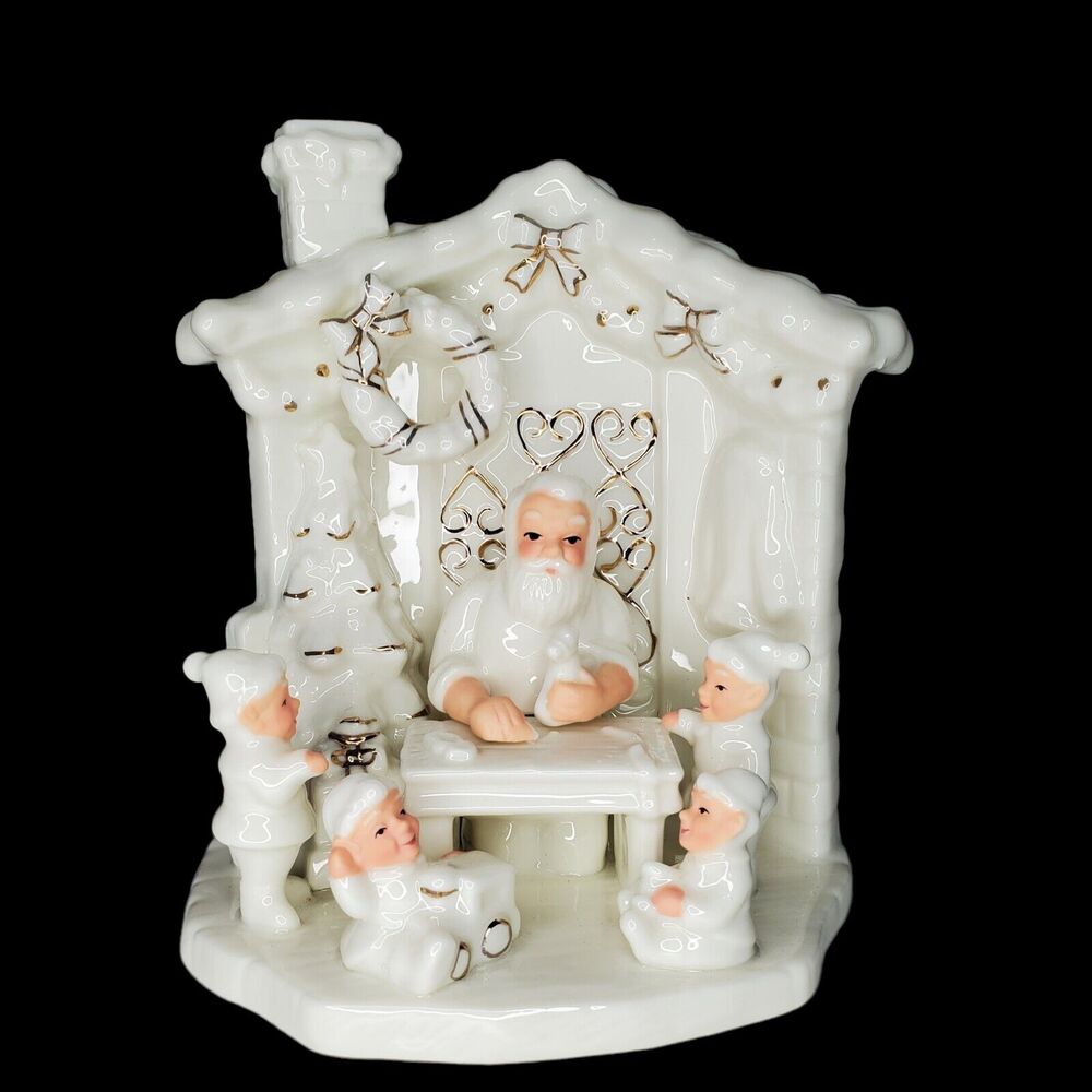 Vintage‎ White Porcelain Santa's Workshop Figurine Gold Trim Elves Christmas